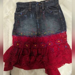 Julio Julio DIY Custom Red Lace Denim Skirt
